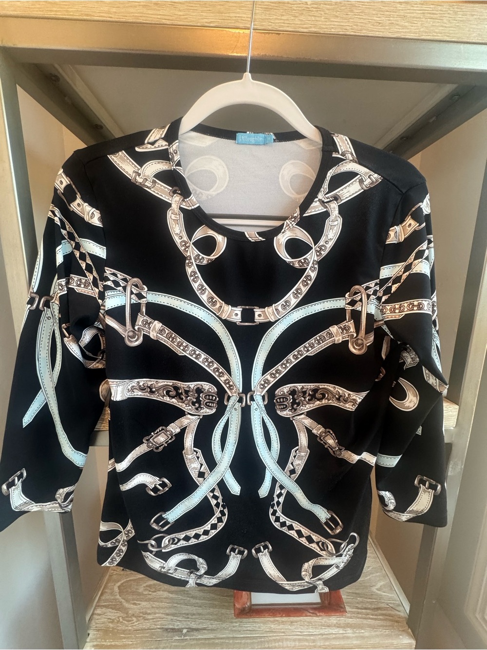 J McLaughlin Silk-Feel Chain & Strap Print Top with Light Blue Accents